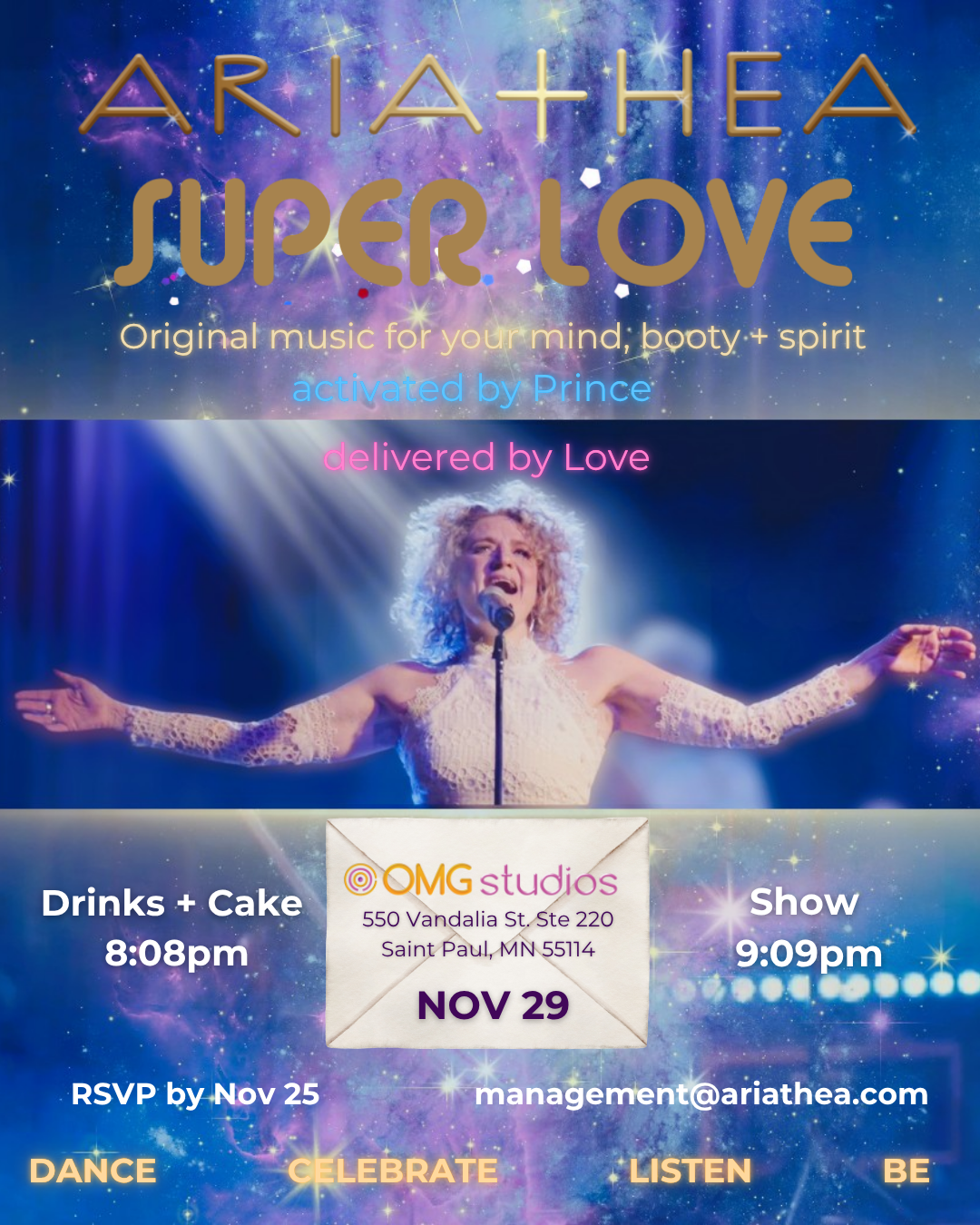 Super Love is original music for your mind, booty + spirit, a story of liberation through creative activation in celebration of a city, Minneapolis, and its high-vibration musicians. A voice metaphysician, Ariathea journeys where song and spirituality meet. Her career encompasses musical theatre, cabaret, soul and jazz and deep studies in yoga, naad (sound) yoga and the psychology of self-expression. Her music seeks to uplift, inspire and connect.